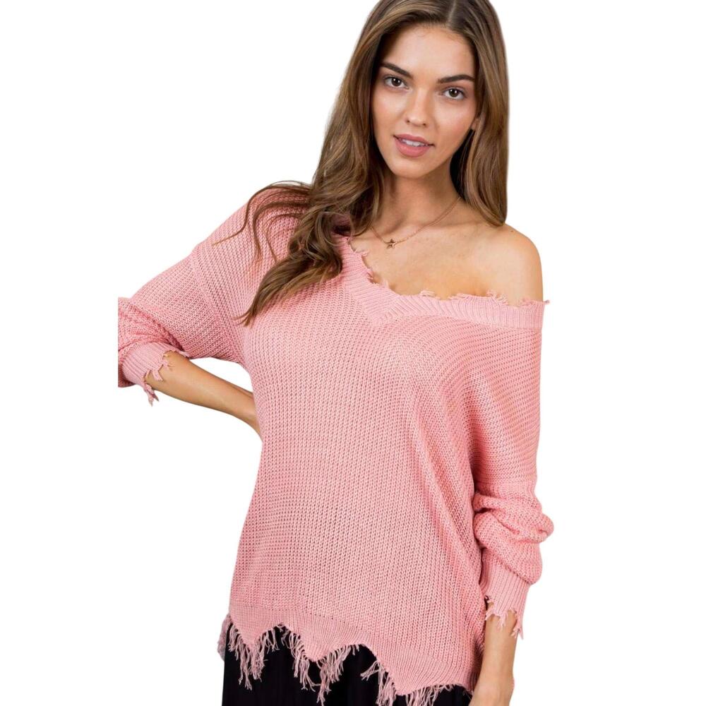 NEW MAINSTRIP frayed v-neck light weight sweater in peach mauve